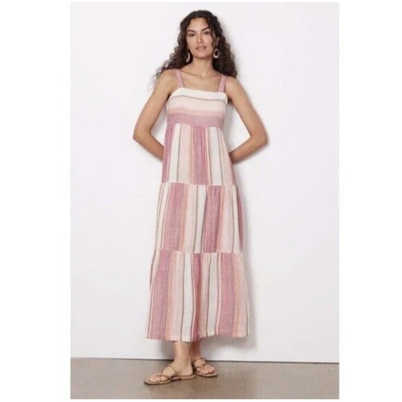 Faherty Sarah Cotton‎ Maxi Dress Oia Stripe Square Neck Flowy Tiered NWT Large - Picture 1 of 12